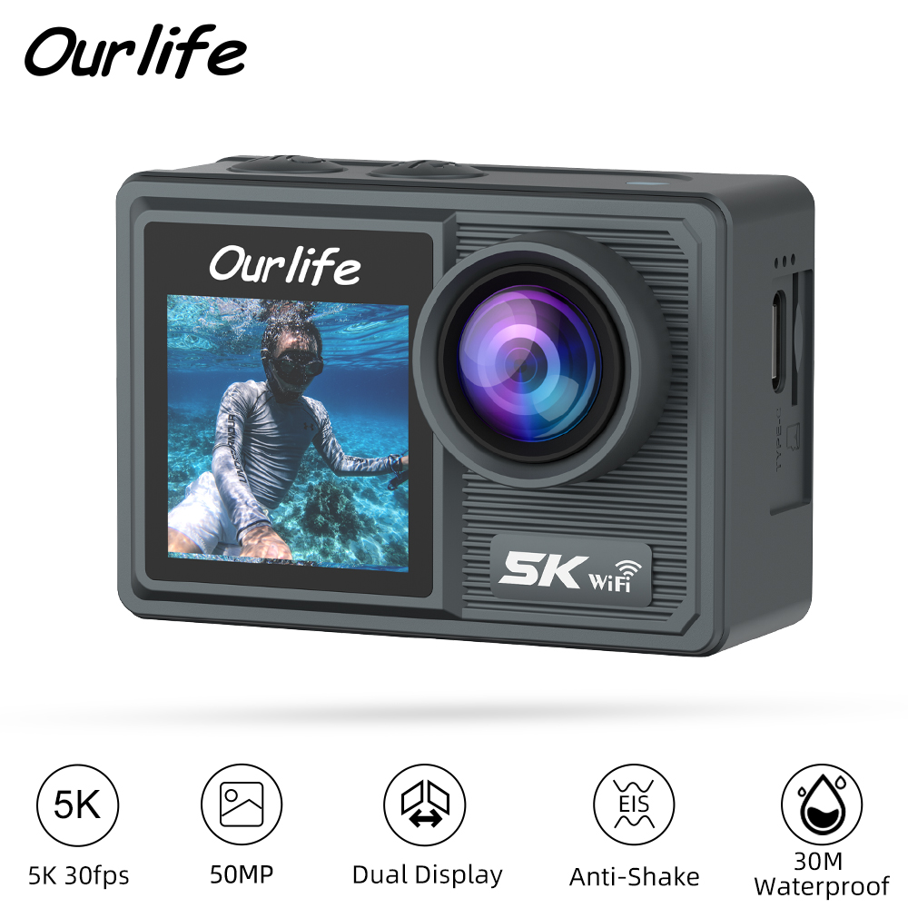 Underwater Fishing Camera 4K - Ourlifeアクションカメラ 5K 4K自転車カメラ 50MP 2.0インチタッチLCDスクリーン EIS
