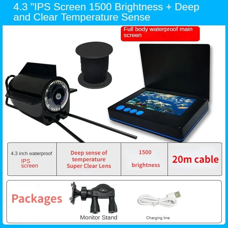Underwater Fishing Camera 4K - HD温度の水中ビジュアルカメラ、完全防水魚群探知機、深さ検知、水中プローブ、4.3インチ、5インチ